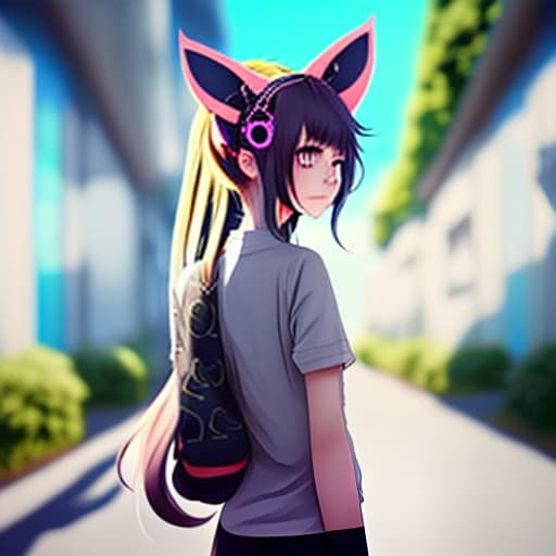 estilovintedois an anime girl with cat ears cat tail cat eyes walking into a realistic world