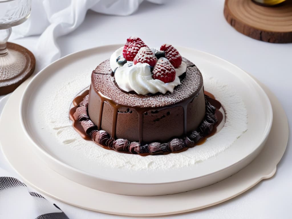  A highresolution, ultradetailed image of a decadent chocolate lava cake with a molten center, topped with a dollop of whipped cream and fresh raspberries, all placed on a sleek, modern plate against a minimalist, clean white background. hyperrealistic, full body, detailed clothing, highly detailed, cinematic lighting, stunningly beautiful, intricate, sharp focus, f/1. 8, 85mm, (centered image composition), (professionally color graded), ((bright soft diffused light)), volumetric fog, trending on instagram, trending on tumblr, HDR 4K, 8K