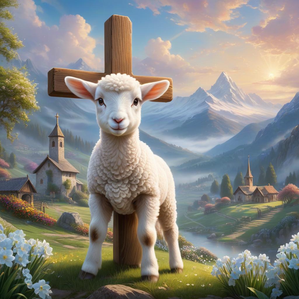  ethereal fantasy concept art of A little lamb stands before a big wooden cross. The wooden cross is adorned with flowers. In the background are mountains and a mountain village. Narcissi are blooming. In the mountain village, there is a small church. "Etherial fantasy, hyper detailed mist Thomas Kinkade" . magnificent, celestial, ethereal, painterly, epic, majestic, magical, fantasy art, cover art, dreamy hyperrealistic, full body, detailed clothing, highly detailed, cinematic lighting, stunningly beautiful, intricate, sharp focus, f/1. 8, 85mm, (centered image composition), (professionally color graded), ((bright soft diffused light)), volumetric fog, trending on instagram, trending on tumblr, HDR 4K, 8K