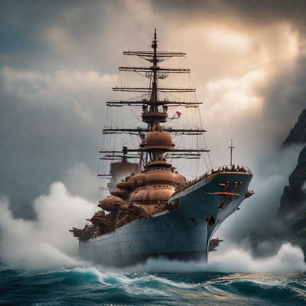  Yamato ship being sunk hyperrealistic, full body, detailed clothing, highly detailed, cinematic lighting, stunningly beautiful, intricate, sharp focus, f/1. 8, 85mm, (centered image composition), (professionally color graded), ((bright soft diffused light)), volumetric fog, trending on instagram, trending on tumblr, HDR 4K, 8K