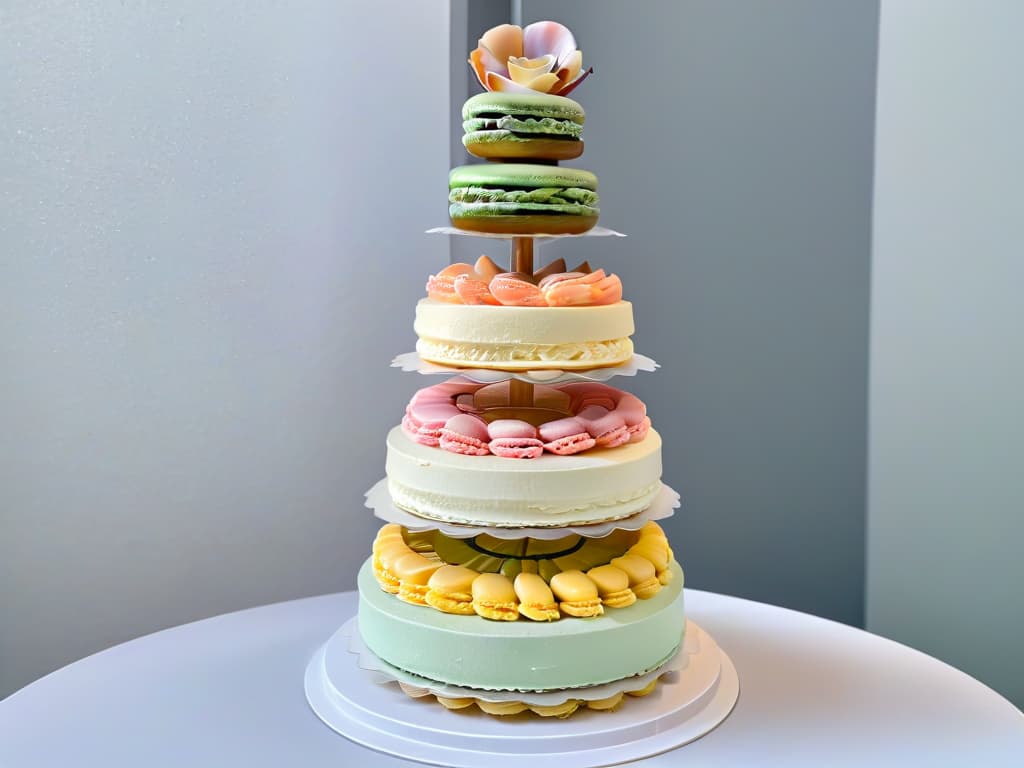  A closeup, ultradetailed image of a delicate, intricate French macaron tower, showcasing a variety of pastel colors and exquisite details. Each macaron is perfectly shaped, with smooth, glossy shells and a luxurious filling peeking out, all arranged in a visually pleasing, elegant display that exudes sophistication and precision. The image captures the fine craftsmanship and artistry of modern pastry making, highlighting the international influence on contemporary dessert trends. hyperrealistic, full body, detailed clothing, highly detailed, cinematic lighting, stunningly beautiful, intricate, sharp focus, f/1. 8, 85mm, (centered image composition), (professionally color graded), ((bright soft diffused light)), volumetric fog, trending on instagram, trending on tumblr, HDR 4K, 8K