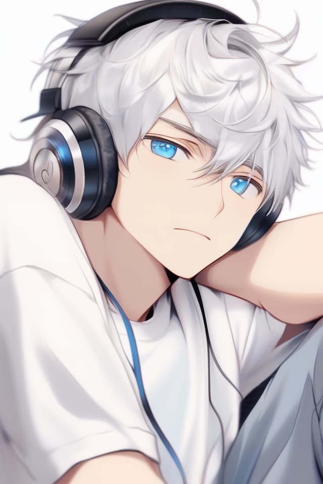  Illustration style, (upper face) (handsome) (handsome) Listening to Music with Headphones, Best, Texture, Contrast, MALE, SUPER HANDSOME, OPLY ER BODY, SHORT CUT, (Silver Hair Blue Eyes), 8k, 16k, Wearing T Shirt