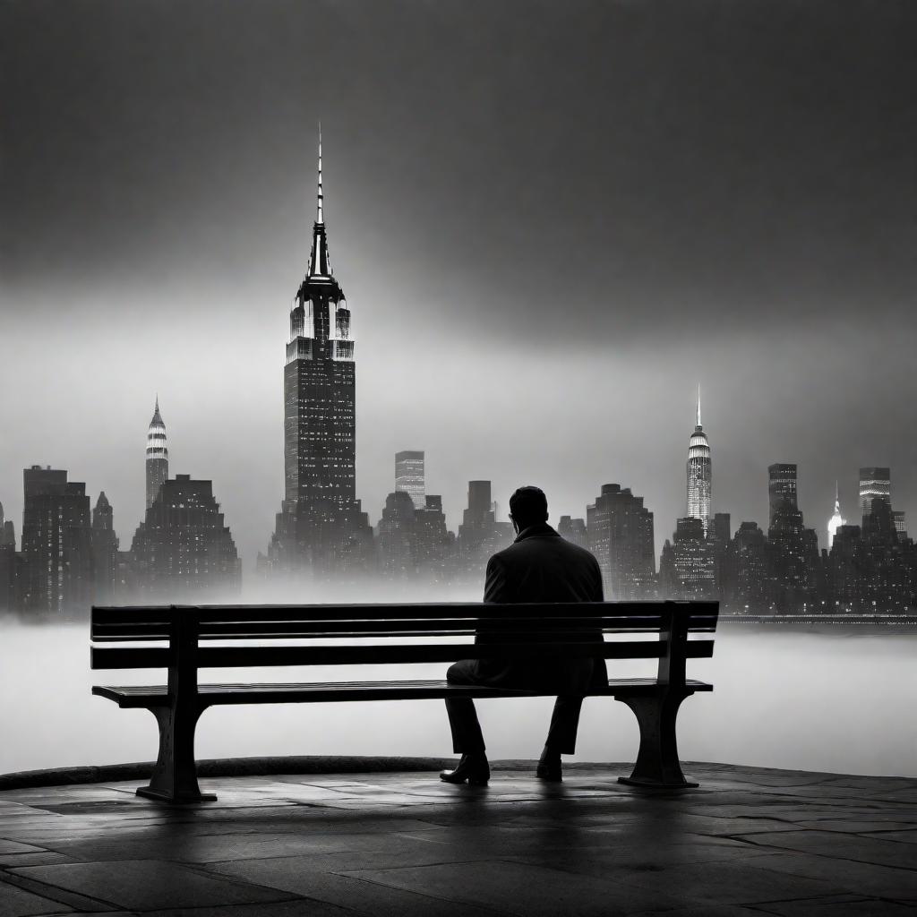  New York City skyline at night in black and white, capturing a melancholy, love loss mood. The image should highlight iconic structures like the Empire State Building and the Chrysler Building with a dark, brooding sky. Include elements that evoke solitude such as an empty park bench, a desolate street, or a lone figure in the foreground to enhance the feeling of loneliness and lost love. hyperrealistic, full body, detailed clothing, highly detailed, cinematic lighting, stunningly beautiful, intricate, sharp focus, f/1. 8, 85mm, (centered image composition), (professionally color graded), ((bright soft diffused light)), volumetric fog, trending on instagram, trending on tumblr, HDR 4K, 8K