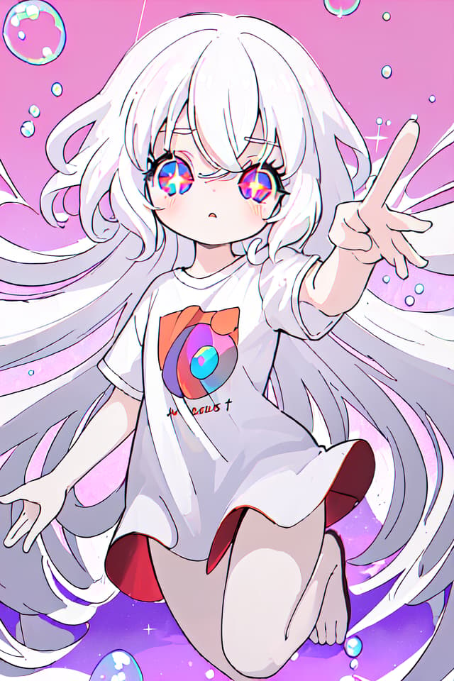  absurdres,highres,superlative,texture,contrast,top quality,masterpiece,(madeon,bubble background ) BREAK solo,girl,kawaii,white hair,very long hair,curly hair,wide eyed,red eyes,sparkling eyes,oversized T shirt,white T shirt,(dynamic angle,dynamic posing),