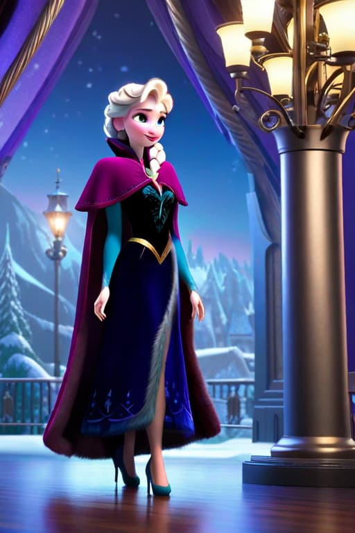  (#Disney CGI style), (masterpiece, best quality, highres:1.2), (#Disney CGI style), (intricate and beautiful:1.2), (detailed light:1.2), (soft lighting, side lighting, reflected light), (colorful, dynamic angle), Disney (Elsa of Arendelle) dark cape, dark dress, fur trim, single braid, snowflake pattern, smile, big eyes, snow hyperrealistic, full body, detailed clothing, highly detailed, cinematic lighting, stunningly beautiful, intricate, sharp focus, f/1. 8, 85mm, (centered image composition), (professionally color graded), ((bright soft diffused light)), volumetric fog, trending on instagram, trending on tumblr, HDR 4K, 8K