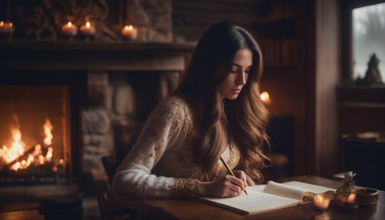  A long haired girl is writing poems by the fireplace. hyperrealistic, full body, detailed clothing, highly detailed, cinematic lighting, stunningly beautiful, intricate, sharp focus, f/1. 8, 85mm, (centered image composition), (professionally color graded), ((bright soft diffused light)), volumetric fog, trending on instagram, trending on tumblr, HDR 4K, 8K