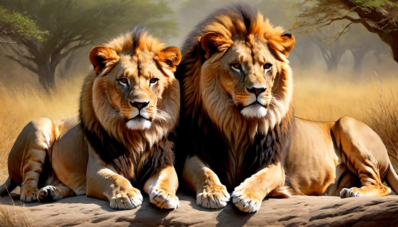  digital painting of Lions, their fierceness softened, approaching the Prophet, warmth and connection visible between them, detailed mane textures, respectful proximity, serenity in the wilderness looking at viewer, dynamic pose, (intricate details, masterpiece, best quality)