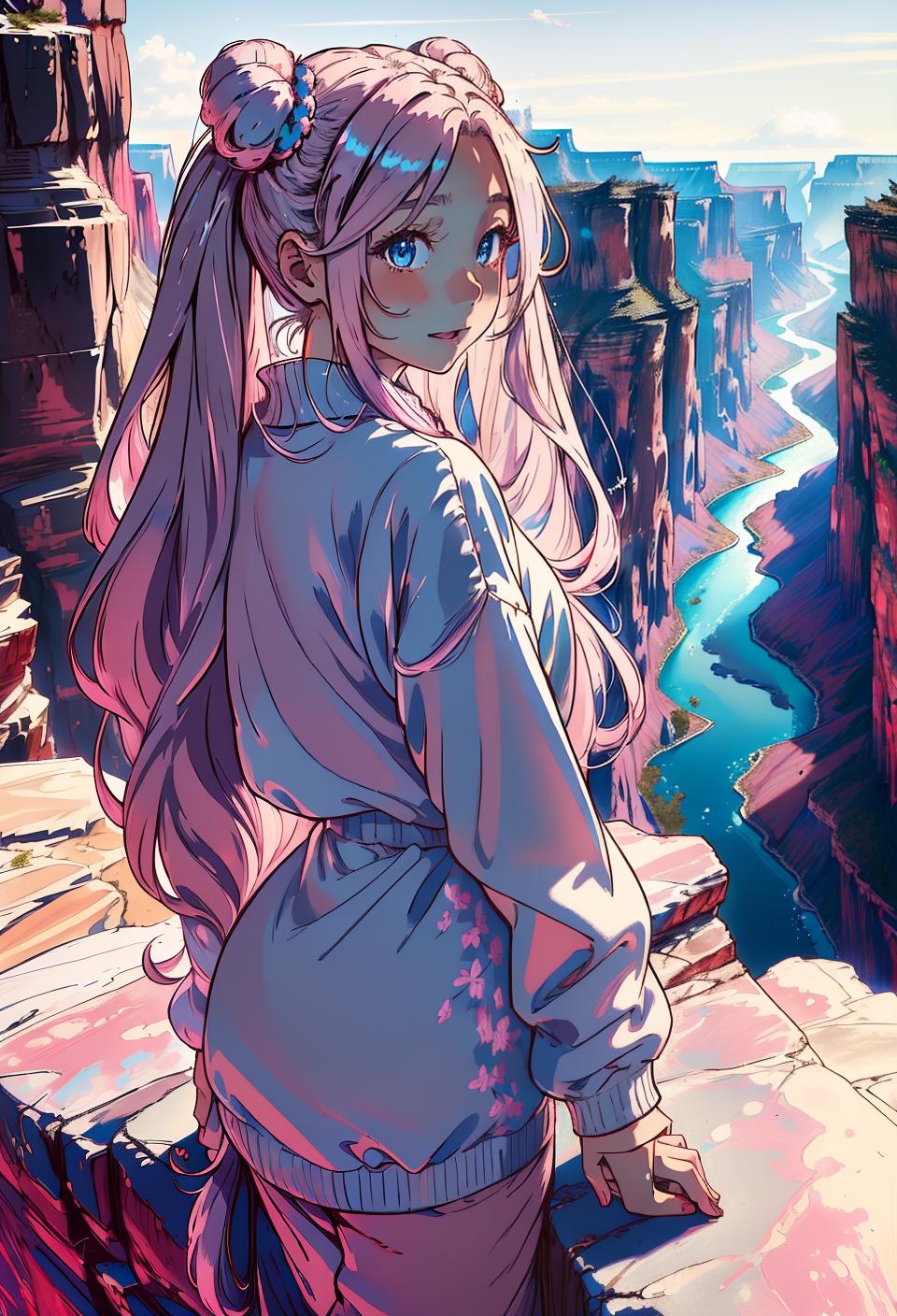  ((trending, highres, masterpiece, cinematic shot)), 1girl, young, female sweater, Grand Canyon scene, very long straight pink hair, hair in Chinese buns, large blue eyes, high class, elegant personality, happy expression, grey skin, morbid, lucky