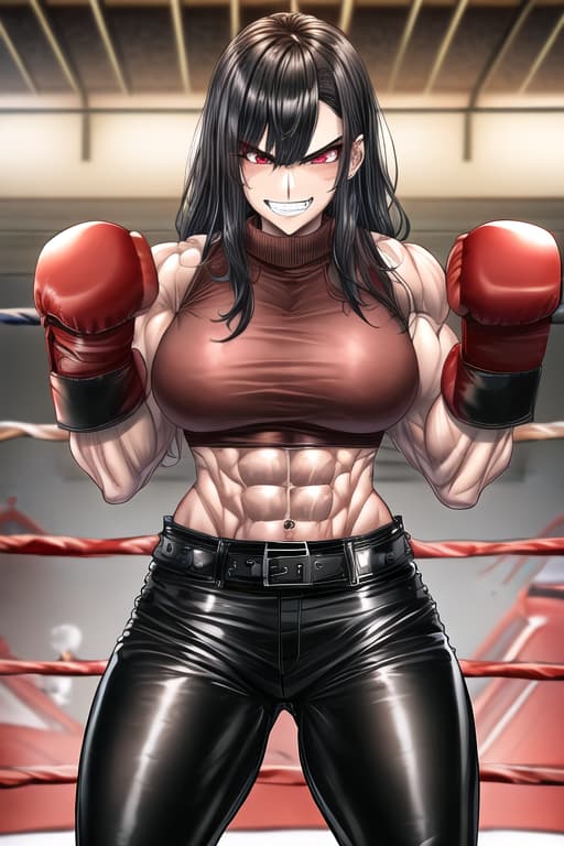  1 young asian women,muscular,big muscles,big biceps,leather jackett,black punk boots,black leather gloves,leather pants,strict,evil grin,black leather bedroom,boxing gloves hold whip