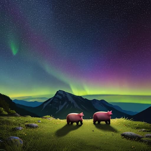  Two lovely pigs holding hands, standing on the lawn of the mountain top, in front of the continuous mountains, looking up is the brilliant Milky Way, the vast starry sky and dazzling aurora.