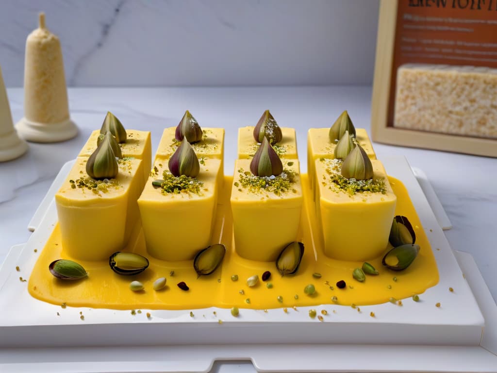  An 8k ultradetailed image of a group of vibrant, pastelcolored kulfi ice cream bars elegantly arranged on a sleek, modern marble platter. The kulfi bars are garnished with delicate saffron threads, crushed pistachios, and rose petals, creating a visually stunning and appetizing display. The background is a soft focus, highlighting the intricate details and textures of the traditional Indian frozen treats. hyperrealistic, full body, detailed clothing, highly detailed, cinematic lighting, stunningly beautiful, intricate, sharp focus, f/1. 8, 85mm, (centered image composition), (professionally color graded), ((bright soft diffused light)), volumetric fog, trending on instagram, trending on tumblr, HDR 4K, 8K