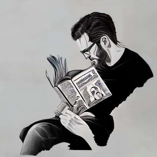 dublex style drawing, b&w, man in glasses, reading book, sitting, nature skins the man, closeup
