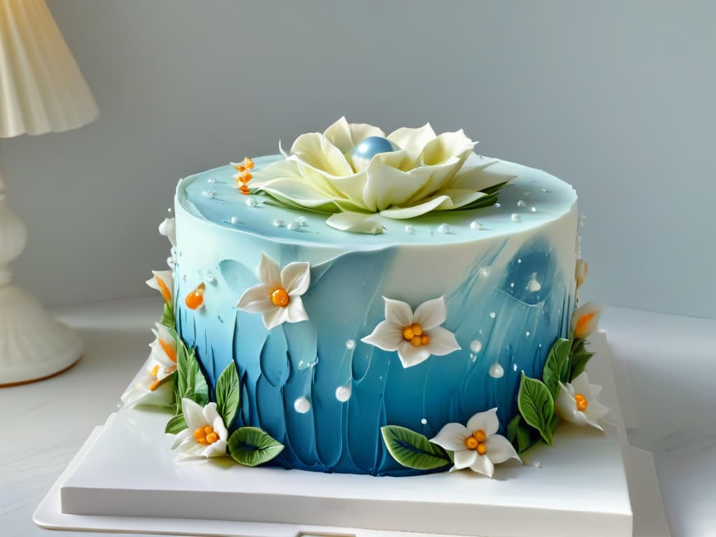  A closeup, ultradetailed image of a beautifully decorated cake with intricate floral designs made from vibrant fondant and edible pearls, set on a sleek, white marble cake stand. The lighting is soft and elegant, highlighting the delicate details of the cake decoration, showcasing the expertise and artistry that goes into creating a masterpiece in cake decorating. hyperrealistic, full body, detailed clothing, highly detailed, cinematic lighting, stunningly beautiful, intricate, sharp focus, f/1. 8, 85mm, (centered image composition), (professionally color graded), ((bright soft diffused light)), volumetric fog, trending on instagram, trending on tumblr, HDR 4K, 8K