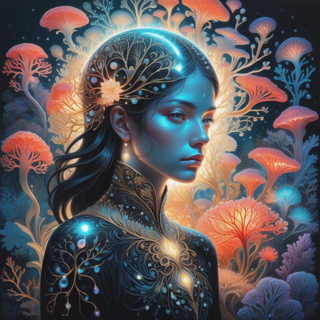  photo RAW, (Ultra detailed illustration of a person lost in a magical world of wonders, glowy, bioluminescent flora, incredibly detailed, pastel colors, art by Mschiffer, night, bioluminescence, ultrarealistic, hyperrealistice, hyperdetailed: shiny aura, highly detailed, black pearls, gold and coral filigree, intricate motifs, organic tracery, Kiernan Shipka, Januz Miralles, Hikari Shimoda, glowing stardust by W. Zelmer, perfect composition, smooth, sharp focus, sparkling particles, lively coral reef colored background Realistic, realism, hd, 35mm photograph, 8k), masterpiece, award winning photography, natural light, perfect composition, high detail, hyper realistic, add depth, water background hyperrealistic, full body, detailed clothing, highly detailed, cinematic lighting, stunningly beautiful, intricate, sharp focus, f/1. 8, 85mm, (centered image composition), (professionally color graded), ((bright soft diffused light)), volumetric fog, trending on instagram, trending on tumblr, HDR 4K, 8K
