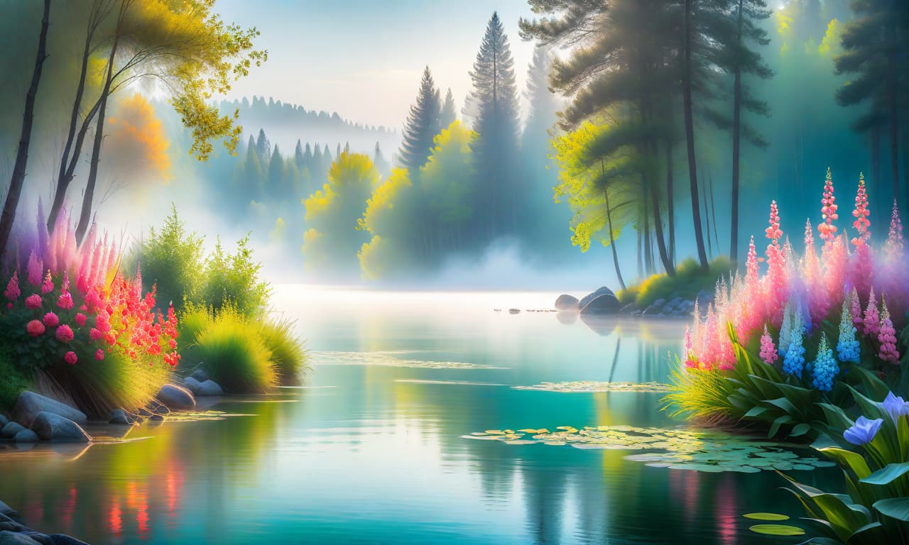  impressionist painting an painting, a lake with seaflowers on top, pastel and light vintage tones, tranquil atmosphere, simplicity impressionism, brush strokes, minimalistic . loose brushwork, vibrant color, light and shadow play, captures feeling over form hyperrealistic, full body, detailed clothing, highly detailed, cinematic lighting, stunningly beautiful, intricate, sharp focus, f/1. 8, 85mm, (centered image composition), (professionally color graded), ((bright soft diffused light)), volumetric fog, trending on instagram, trending on tumblr, HDR 4K, 8K