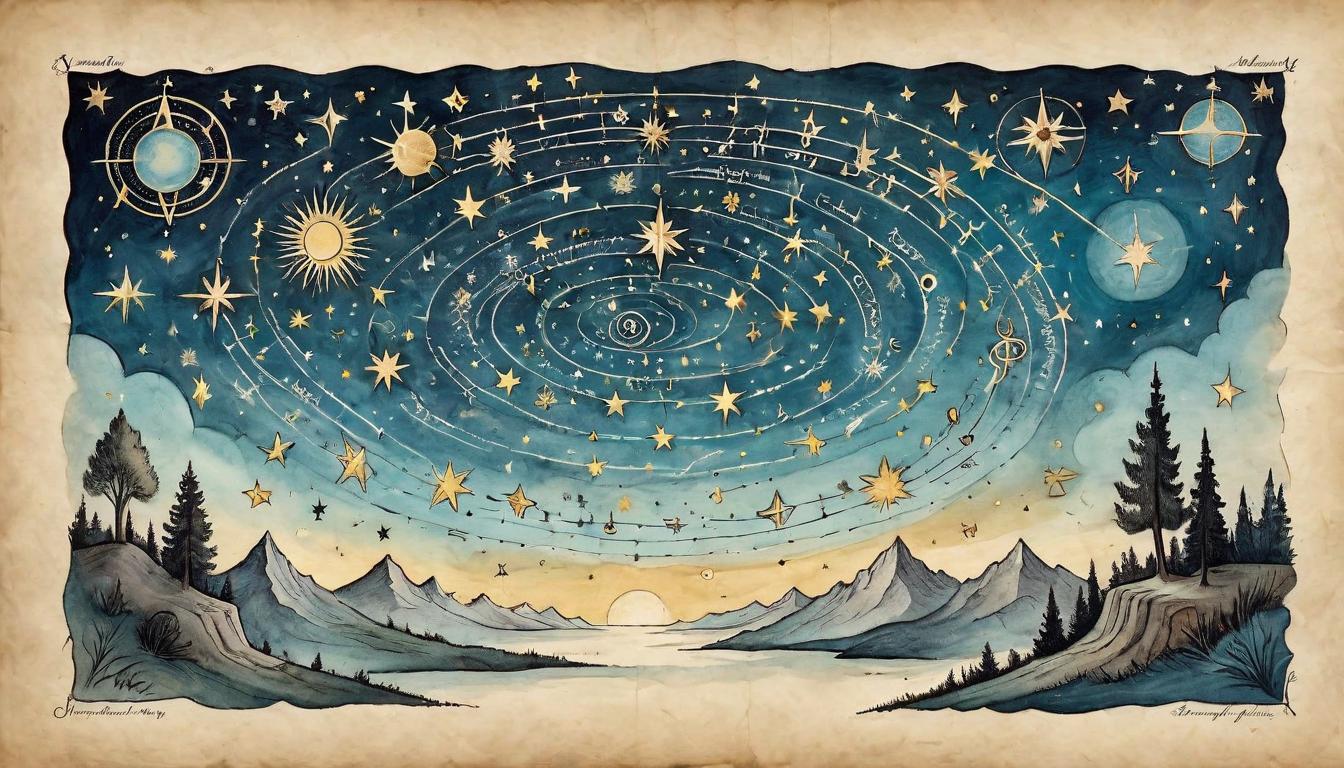  on parchment, surrealism+++, A constellation of stars forming meaningful symbols in the sky, a person looking up with a knowing expression, cosmic alignment, messages, affirmation, manifestation(mysterious, provocative, symbolic,muted color)+++