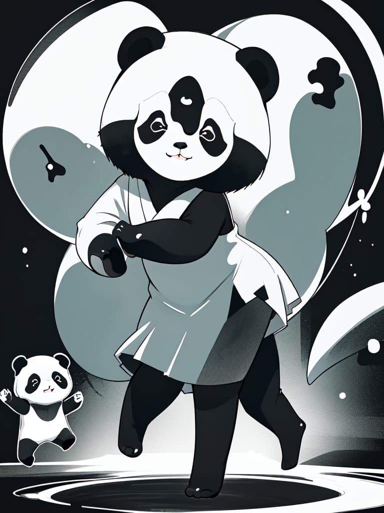  ((monochrome style))、(((dancing panda:1.2)))、best quality:1.4、masterpiece:1.4、ultra detailed texture、RAW photorealistic、absurd resolution、8K illustration、black background、💩、💩、💩、💩、💩、, masterpiece, best quality,8k,ultra detailed,high resolution,an extremely delicate and beautiful,hyper detail