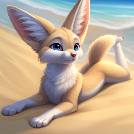  Solo, by DicPic studio, fennec, lying, on the beach, open eyes, digital art, masterpiece, 4k, fine details,