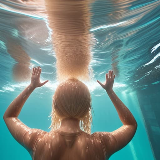  tanned blonde woman with giant booty in T-shirt drowning underwater in full growth. she actively wave her arms. view from the back