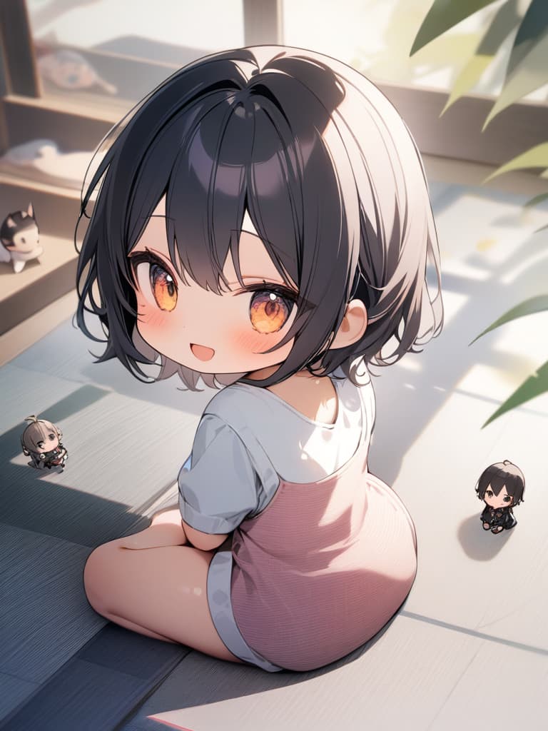  (((Wariza: 1.5, Sitting Down Floor, Looking Back, INFANT BODY SHAPE, Chibi Chara))), Mini Characters, ((Made)), Open Mouth Smile, 💩, 💩, 💩, masterpiece, best quality,8k,ultra detailed,high resolution,an extremely delicate and beautiful,hyper detail