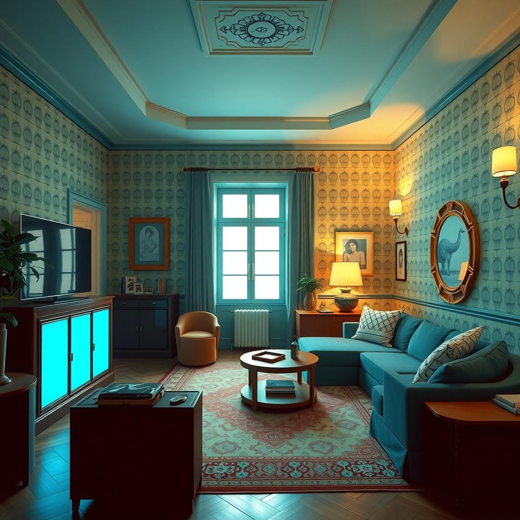  capture an unedited 8k photograph styled after mario testino, featuring a sharp, hyperrealistic, and highly detailed view of a living room designed in the art deco style, marked by 1920s 30s geometric patterns and luxury materials. the image introduces a vibrant blue effect (rgb color value for blue), professionally color graded with bright, soft diffused light, and shot using a 100mm f/2.8 telephoto lens under nocturnal lighting. this image, reminiscent of a mystery movie, employs cinestill 800t film grain to enhance a nostalgic style, drawing inspiration from past decades with vintage color schemes and dense, intricately blurred backgrounds that amplify the scene's stunning beauty.