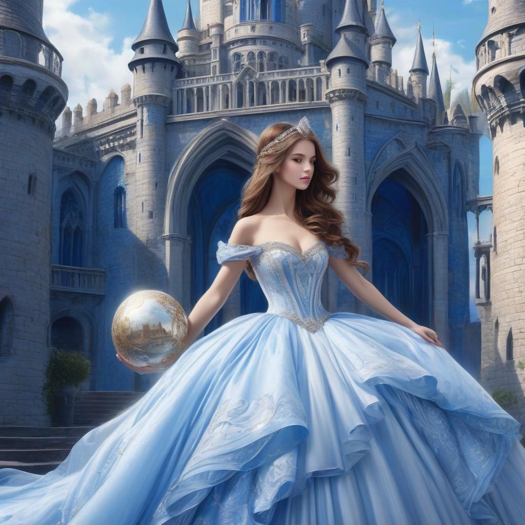  Detailed elaboration, detailed drawing, detailed elaboration of all parts of the composition. Very beautiful blue and white castle in the Gothic style. The castle is on an elevation, with water around the elevation. There is a girl in a white very beautiful ball gown. She has brown hair, beautiful hairstyle on top of her hair, most of her hair is loose. The girl is standing in an embrace with a man, he has black hair, blue suit. Mountains with snow covered peaks can be seen from behind.Field, hyacinths, roses, rosehips, rose hips, peonies, cherry tree, yellow, red, black flowers, forget me nots, black flowers. Baroque, realism. Alfonso Mucha, Honoré Fargonard. hyperrealistic, full body, detailed clothing, highly detailed, cinematic lighting, stunningly beautiful, intricate, sharp focus, f/1. 8, 85mm, (centered image composition), (professionally color graded), ((bright soft diffused light)), volumetric fog, trending on instagram, trending on tumblr, HDR 4K, 8K