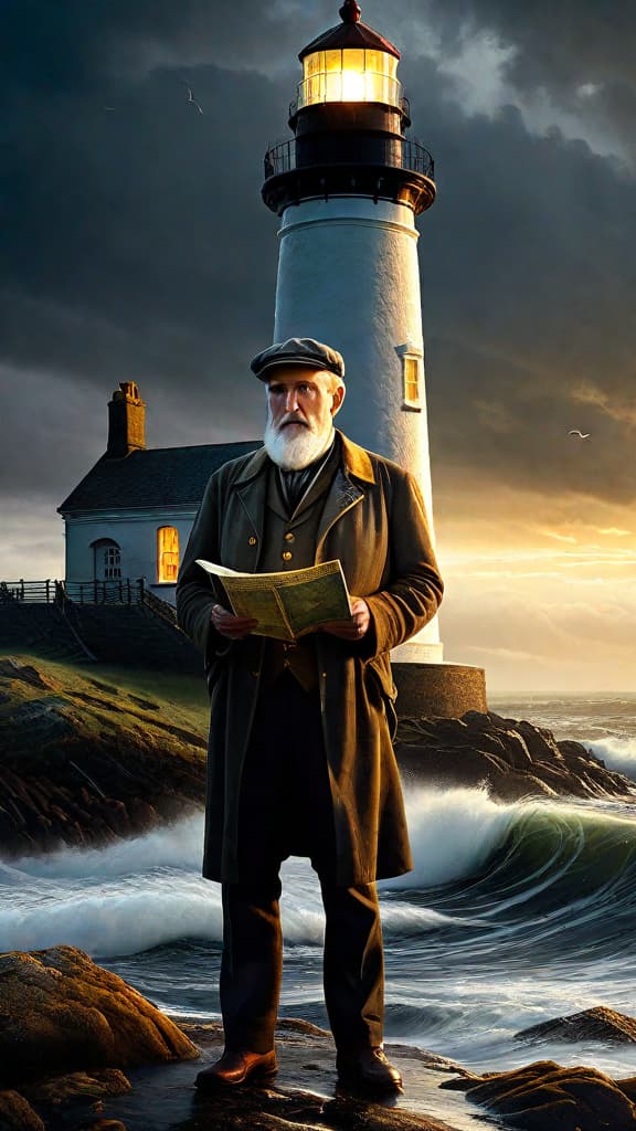  (A stormy night at a seaside lighthouse on Merrow Point. The old lighthouse keeper, Mr. Hawthorn, stands on the rocky shore, holding a weathered map and gazing out at the churning waves, which reflect the lighthouse's golden beam in a peculiar pattern, leading him to a washed up chest embossed with ancient ruins.) hyperrealistic, full body, detailed clothing, highly detailed, cinematic lighting, stunningly beautiful, intricate, sharp focus, f/1. 8, 85mm, (centered image composition), (professionally color graded), ((bright soft diffused light)), volumetric fog, trending on instagram, trending on tumblr, HDR 4K, 8K