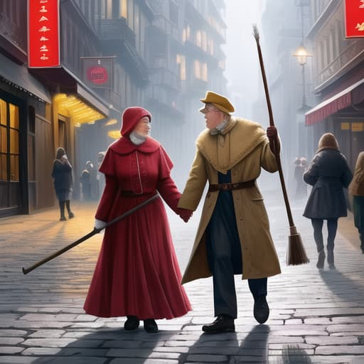  watercolor, storybook, child-book, Young boy helping an elderly woman cross the street, holding a red broom in one hand and the woman's arm in the other, night background with yellow stars., best quality, very detailed, high resolution, sharp, sharp image hyperrealistic, full body, detailed clothing, highly detailed, cinematic lighting, stunningly beautiful, intricate, sharp focus, f/1. 8, 85mm, (centered image composition), (professionally color graded), ((bright soft diffused light)), volumetric fog, trending on instagram, trending on tumblr, HDR 4K, 8K