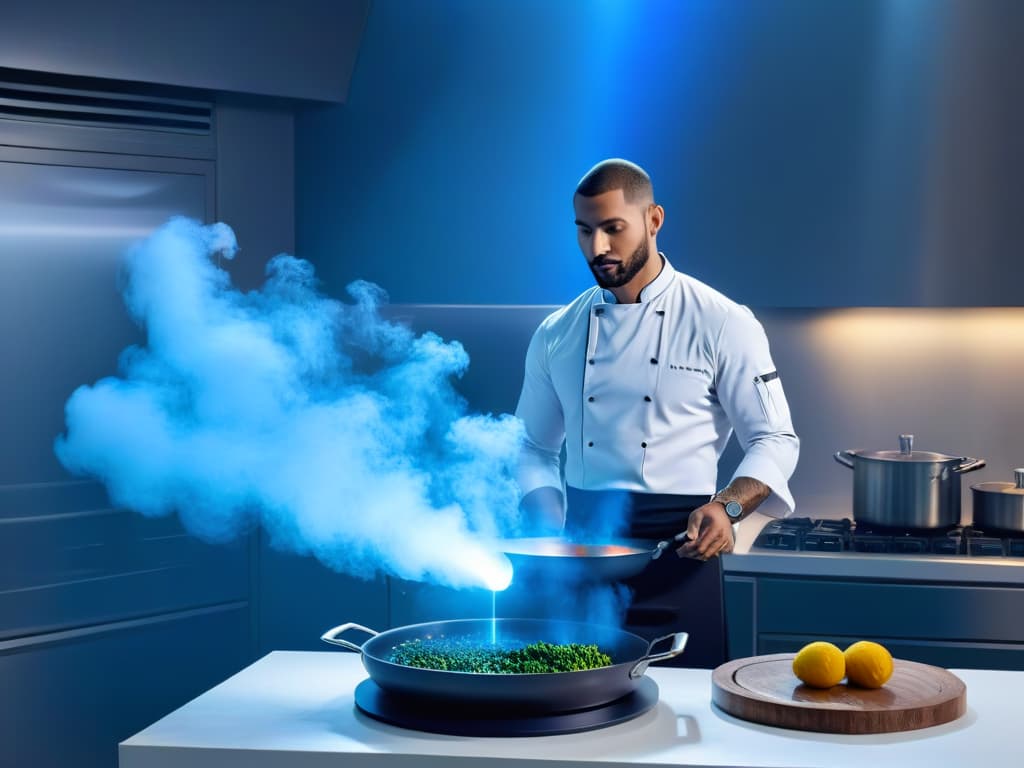  A minimalist illustration featuring a sleek, futuristic kitchen with holographic recipe instructions floating in the air above a stylish chef confidently preparing a dish, surrounded by hightech kitchen gadgets and utensils. The color scheme is a blend of cool blues and metallic tones, emphasizing a seamless integration of augmented reality technology into the culinary experience. hyperrealistic, full body, detailed clothing, highly detailed, cinematic lighting, stunningly beautiful, intricate, sharp focus, f/1. 8, 85mm, (centered image composition), (professionally color graded), ((bright soft diffused light)), volumetric fog, trending on instagram, trending on tumblr, HDR 4K, 8K