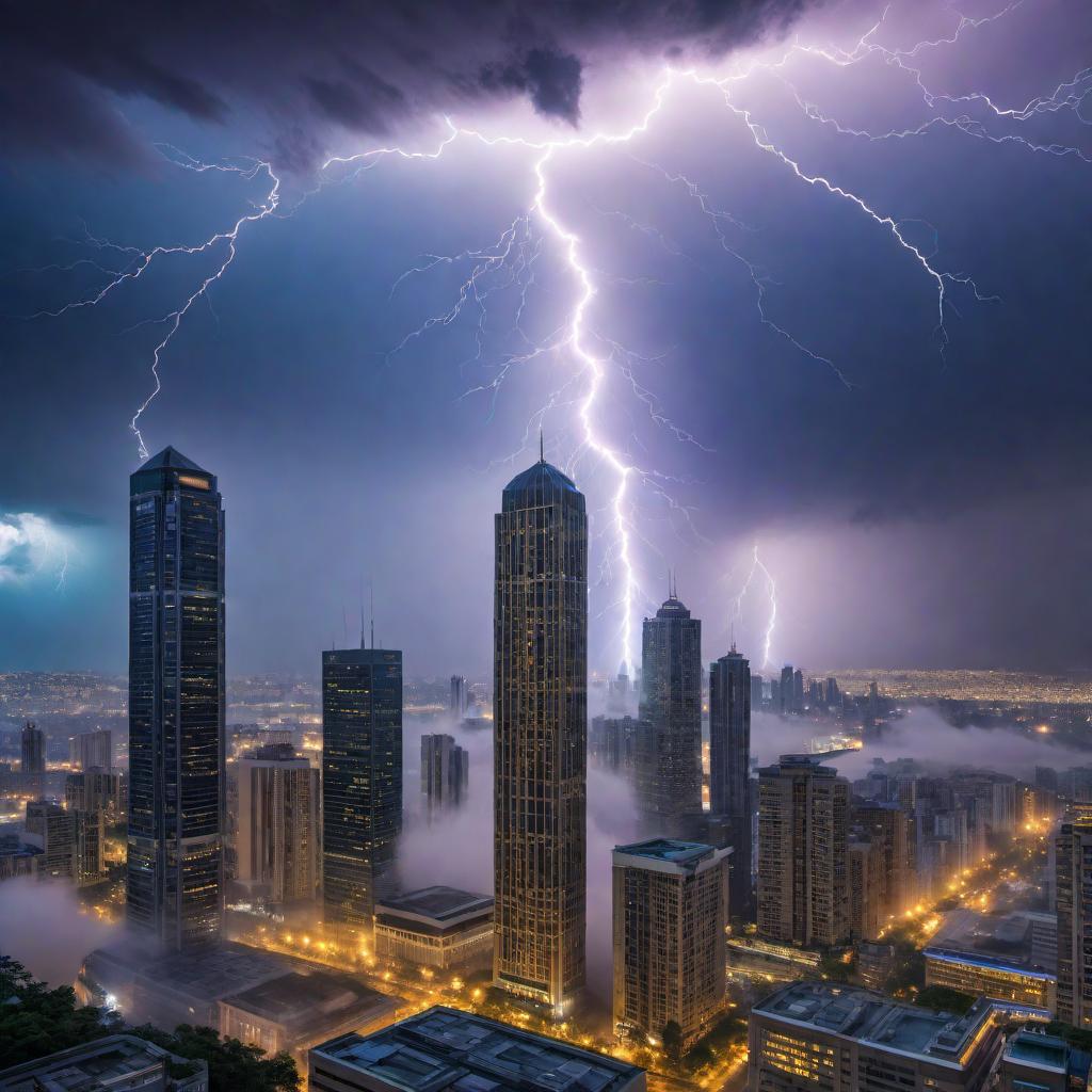  A city nestled in the clouds with dramatic lightning striking in the background, giving a mystical and powerful atmosphere to the scene. The city should have a futuristic design, with tall skyscrapers and glowing windows, juxtaposing the natural power of the lightning with human innovation. hyperrealistic, full body, detailed clothing, highly detailed, cinematic lighting, stunningly beautiful, intricate, sharp focus, f/1. 8, 85mm, (centered image composition), (professionally color graded), ((bright soft diffused light)), volumetric fog, trending on instagram, trending on tumblr, HDR 4K, 8K