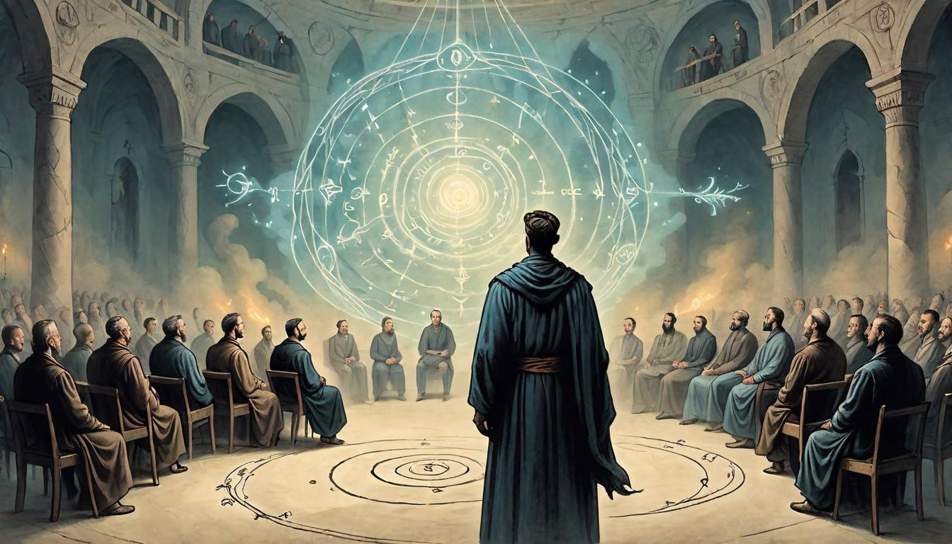  on parchment, surrealism+++, A speaker standing before a small audience, words depicted as glowing threads weaving through air, figures sitting attentively, mystical air, interconnectedness, higher wisdom(mysterious, provocative, symbolic,muted color)+++