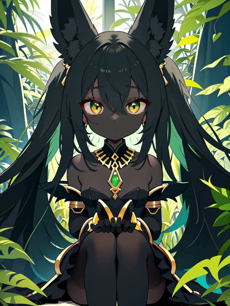  Black Anubis on a green hair character, sitting, masterpiece, best quality,8k,ultra detailed,high resolution,an extremely delicate and beautiful,hyper detail