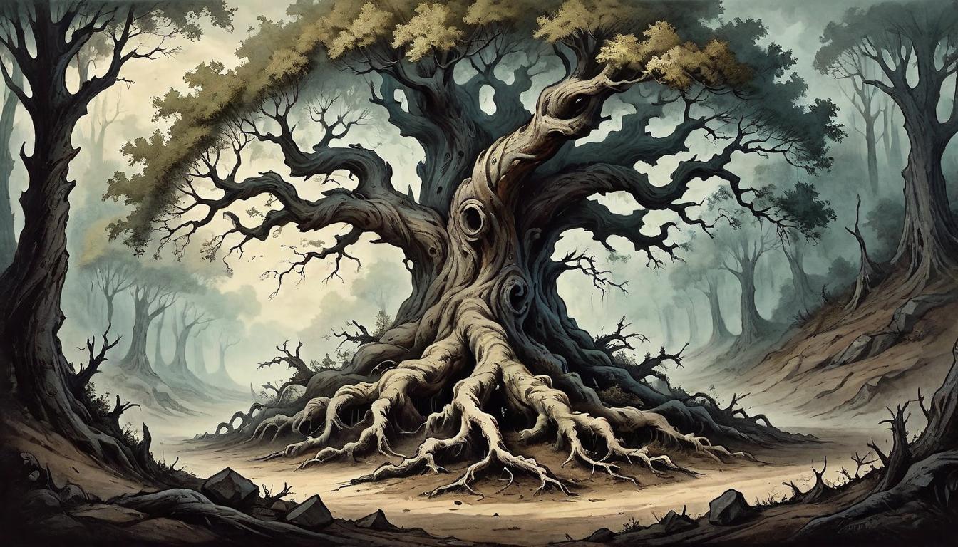  on parchment, surrealism+++, A twisted, gnarled tree standing defiantly at the edge of a shadowy forest, roots deeply entrenched in the rocky soil, symbolizing strength and resilience, stark contrast, eerie beauty, resilience amidst adversity(mysterious, provocative, symbolic,muted color)+++