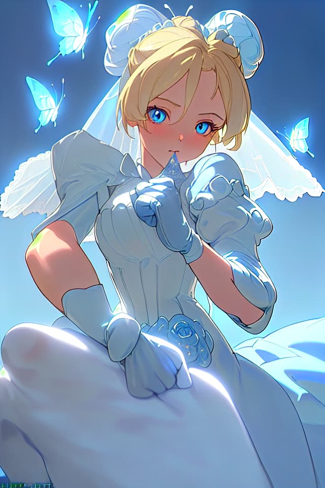  (Shiny butterfly,magic effect,pixiv,masterpiece,ultimate quality,8K wallpaper,1 girl),((blond hair,bun hair combined in one,blue eye)),((((blue pap sleeve wedding dress,light blue gloves,))),(blue hour),(luxurious castle background),