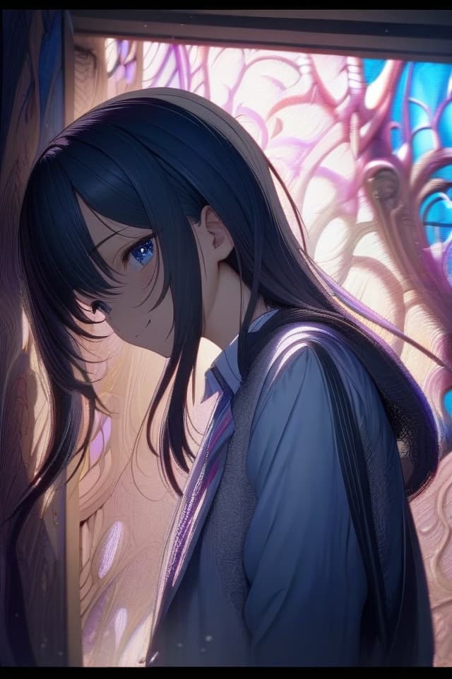  a beautiful black haired girl,long messy hair,beautiful detailed deep blue eyes,cute and beautiful face,shy smile,School uniform,colorful,(masterpiece:1.2),(best quality:1.2),ultra detailed,detailed background,(best illumination,an extremely delicate and beautiful),((cinematic light)),hyper detail,intricate details,8k,anime,very aesthetic,