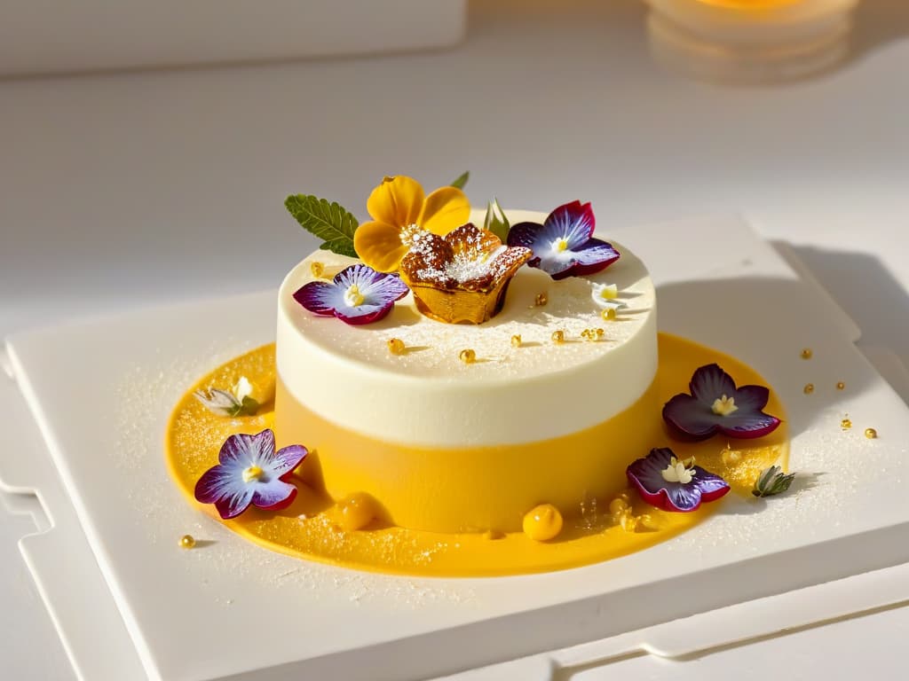  An ultradetailed, highresolution image of a delicate, handcrafted miniature dessert plated on a sleek, minimalist white dish. The dessert is exquisitely decorated with intricate details like tiny edible flowers and gold leaf, showcasing the artistry and precision involved in gourmet miniature pastries. The lighting is soft, emphasizing the textures and colors of the dessert, inviting viewers to appreciate the fine craftsmanship and unique flavors of gourmet miniature treats. hyperrealistic, full body, detailed clothing, highly detailed, cinematic lighting, stunningly beautiful, intricate, sharp focus, f/1. 8, 85mm, (centered image composition), (professionally color graded), ((bright soft diffused light)), volumetric fog, trending on instagram, trending on tumblr, HDR 4K, 8K