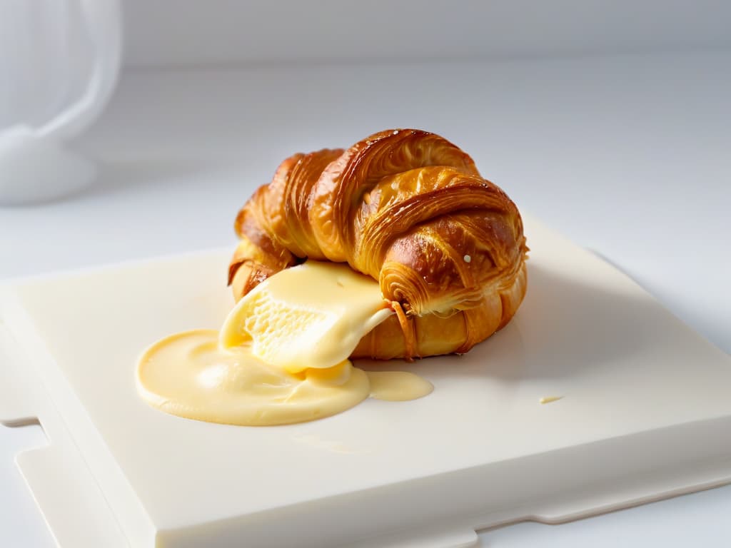  A minimalist, ultradetailed image of a perfectly styled slice of buttery croissant with a dollop of rich butter melting on top, set against a stark white backdrop. The croissant is golden and flaky, emitting a slight steam, while the butter glistens enticingly, capturing the essence of the eternal debate between butter and margarine in a visually striking and elegant manner. hyperrealistic, full body, detailed clothing, highly detailed, cinematic lighting, stunningly beautiful, intricate, sharp focus, f/1. 8, 85mm, (centered image composition), (professionally color graded), ((bright soft diffused light)), volumetric fog, trending on instagram, trending on tumblr, HDR 4K, 8K