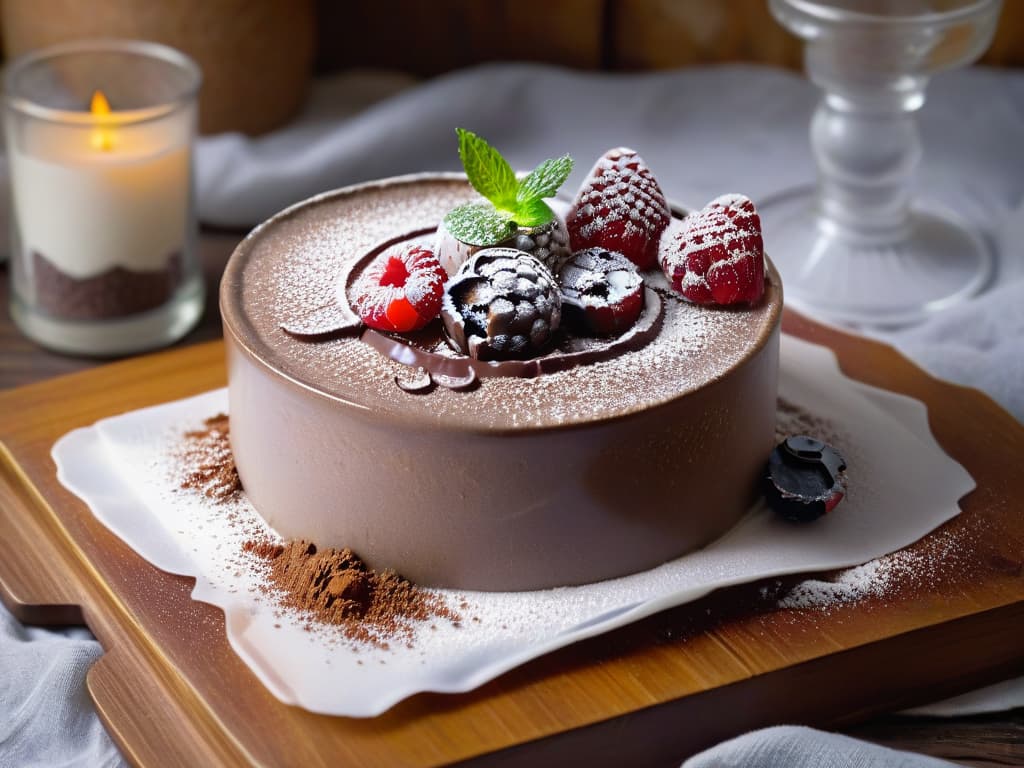  An 8k ultradetailed image of a decadent chocolate chia seed pudding garnished with fresh raspberries, mint leaves, and a dusting of cocoa powder. The pudding is presented in a clear glass dessert cup, showcasing its rich texture and layers, set against a backdrop of a rustic wooden table with soft natural lighting highlighting the glossy sheen of the dessert. hyperrealistic, full body, detailed clothing, highly detailed, cinematic lighting, stunningly beautiful, intricate, sharp focus, f/1. 8, 85mm, (centered image composition), (professionally color graded), ((bright soft diffused light)), volumetric fog, trending on instagram, trending on tumblr, HDR 4K, 8K