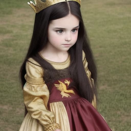  A girl with dark hair and brown eyes is a princess in a medieval-style dress with a firebird embroidered in gold thread on her hip.Long sleeve dress. He has a crown on his head. A girl with dark hair