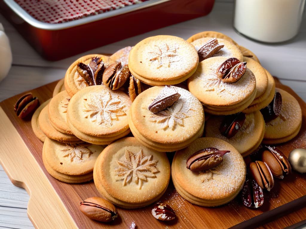  A closeup, ultradetailed image of a batch of freshly baked keto cookies arranged on a rustic wooden cutting board. The cookies are golden brown with a slight sprinkle of powdered sugar on top, emitting steam, and surrounded by scattered pecans and a few vanilla beans. The lighting is soft and warm, highlighting the textures of the cookies and creating a cozy, inviting atmosphere. hyperrealistic, full body, detailed clothing, highly detailed, cinematic lighting, stunningly beautiful, intricate, sharp focus, f/1. 8, 85mm, (centered image composition), (professionally color graded), ((bright soft diffused light)), volumetric fog, trending on instagram, trending on tumblr, HDR 4K, 8K