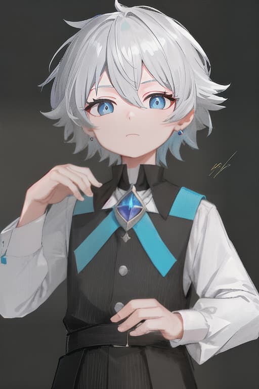  solo,looking at viewer,short hair,bangs,blue eyes,simple background,shirt,long sleeves,male child,1boy,white background,hair between eyes,jewelry,closed mouth,upper body,grey hair,male focus,earrings,frills,hand up,grey background,black shirt,brooch,gem,blue gemstone,