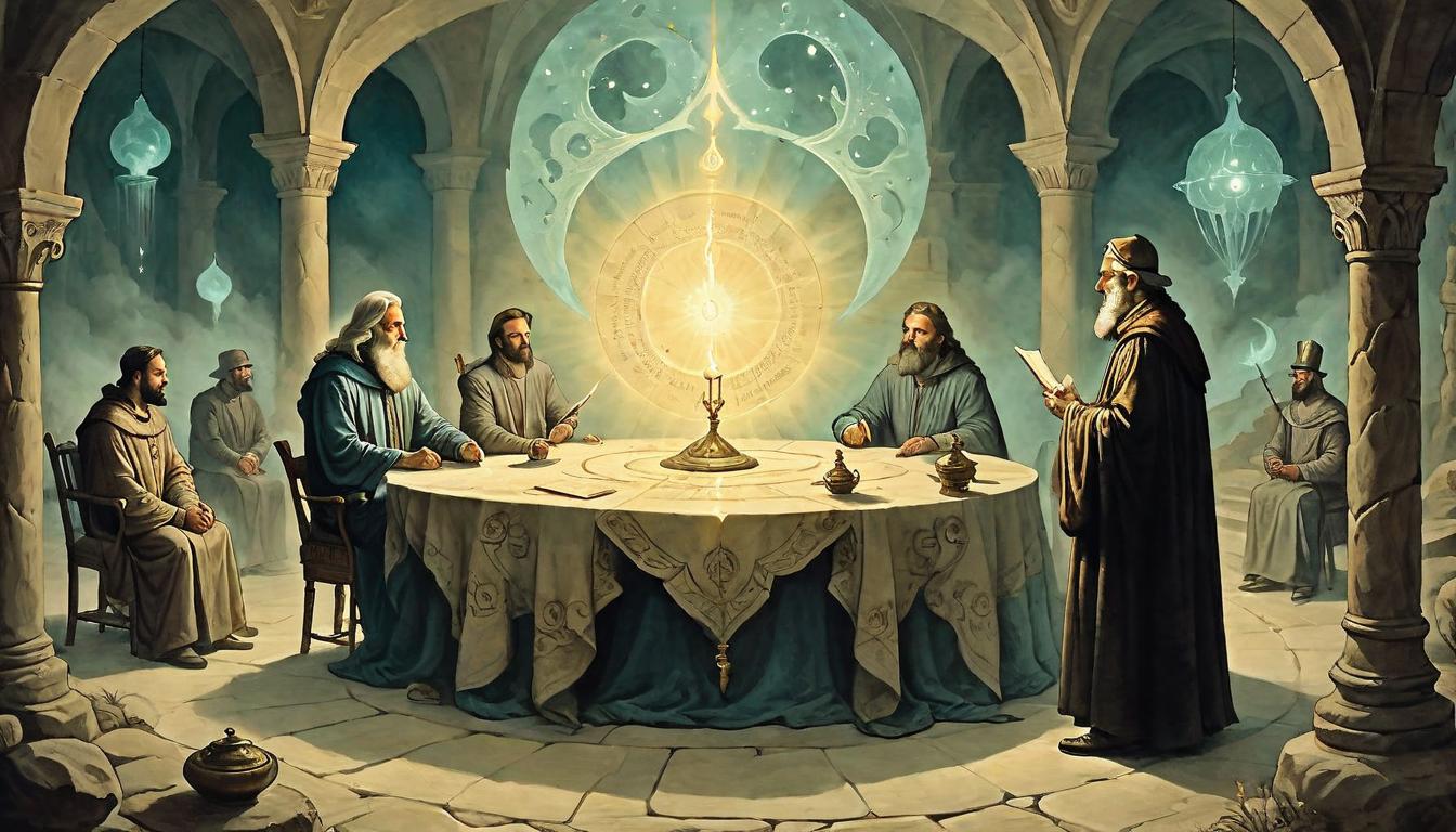  on parchment, surrealism+++, A mystical advisor in a serene setting, people surrounding, seeking guidance, glowing light from advisor's hands, illuminating, wise(mysterious, provocative, symbolic,muted color)+++