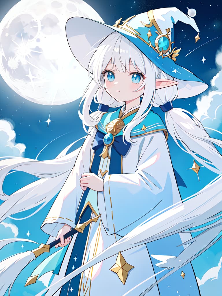  Wizard, wand, elf, twin tail, white hair, sky, moon, wizard hat, masterpiece, best quality,8k,ultra detailed,high resolution,an extremely delicate and beautiful,hyper detail