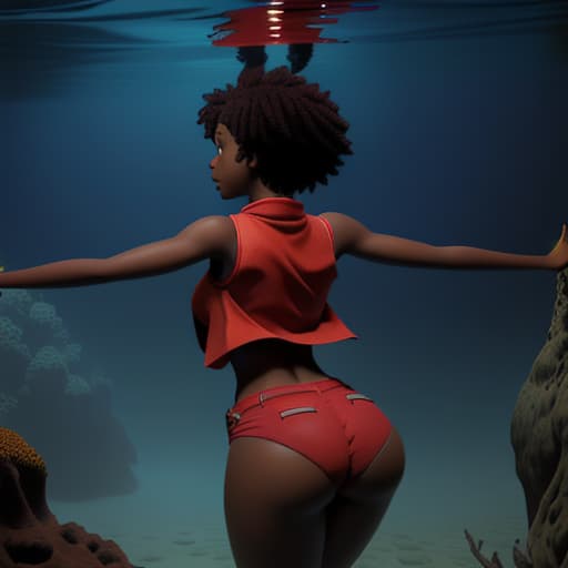  african woman with giant booty and short hair in red vest and blue strings walking underwater she looks up her arms are reach up view from the back