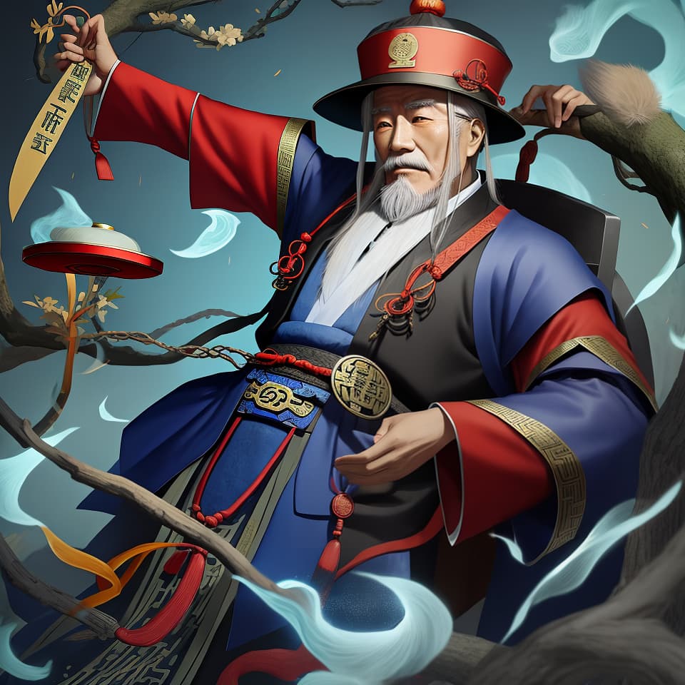  Ancient Chinese alchemist old man, wearing Taoist hat, Xianxiafeng