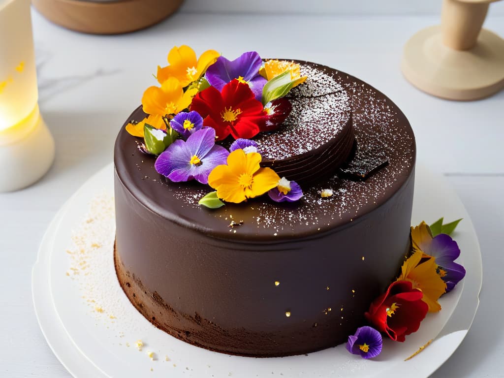  A closeup, ultradetailed image of a vegan chocolate cake adorned with vibrant edible flowers, delicate gold flakes, and a dusting of powdered sugar on a sleek white plate. The cake's rich, moist texture is evident, and the contrast between the deep brown cake and the colorful toppings creates a visually stunning and mouthwatering presentation. The lighting is soft, emphasizing the textures and colors of the dessert, while the minimalistic composition allows the intricate details of the cake to shine, appealing to the reader's senses and showcasing the artistry of vegan baking. hyperrealistic, full body, detailed clothing, highly detailed, cinematic lighting, stunningly beautiful, intricate, sharp focus, f/1. 8, 85mm, (centered image composition), (professionally color graded), ((bright soft diffused light)), volumetric fog, trending on instagram, trending on tumblr, HDR 4K, 8K