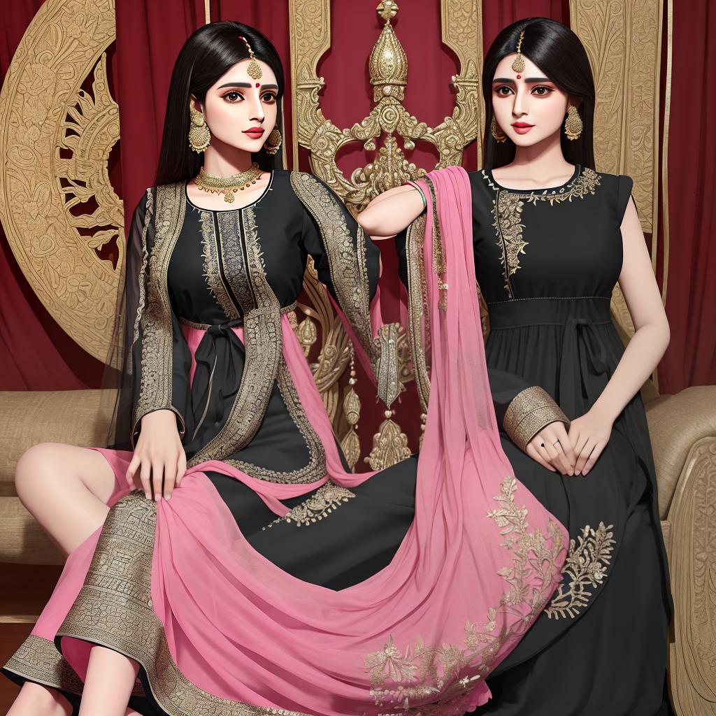  masterpiece, best quality,Elegant waist length kurti indian style with black sharara at bottom and black dupatta on top.should have embroidery patch work around neckline and .colour of kurti pink ,