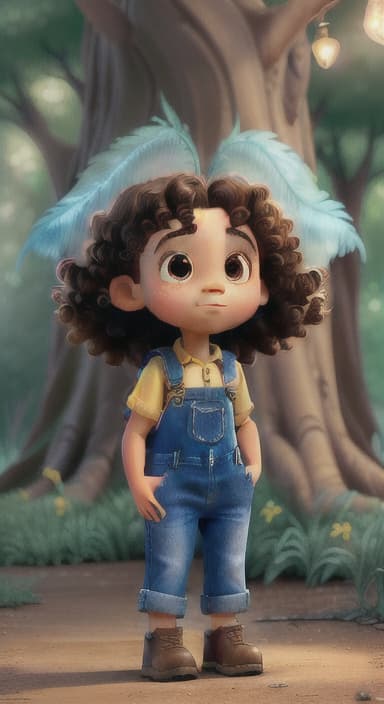  {The tree shining brightly and releasing a gentle, magical light., Riley, a curious with big brown eyes and curly hair, wearing overalls and carrying a small backpack. Their friend, Skye, a bluebird with shiny feathers.