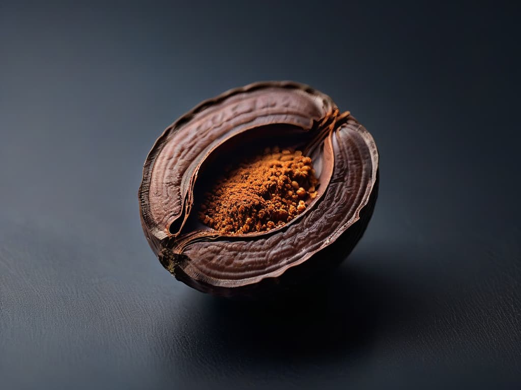  An ultradetailed, minimalistic image of a dark, rich cacao bean split in half, showcasing the intricate texture and deep brown color of the bean. The image captures the essence of purity and authenticity, with fine details such as the delicate veins running through the bean and the glossy sheen on its surface, emphasizing the natural beauty and richness of pure cacao. hyperrealistic, full body, detailed clothing, highly detailed, cinematic lighting, stunningly beautiful, intricate, sharp focus, f/1. 8, 85mm, (centered image composition), (professionally color graded), ((bright soft diffused light)), volumetric fog, trending on instagram, trending on tumblr, HDR 4K, 8K