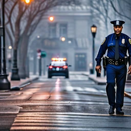  police officer on streets hyperrealistic, full body, detailed clothing, highly detailed, cinematic lighting, stunningly beautiful, intricate, sharp focus, f/1. 8, 85mm, (centered image composition), (professionally color graded), ((bright soft diffused light)), volumetric fog, trending on instagram, trending on tumblr, HDR 4K, 8K